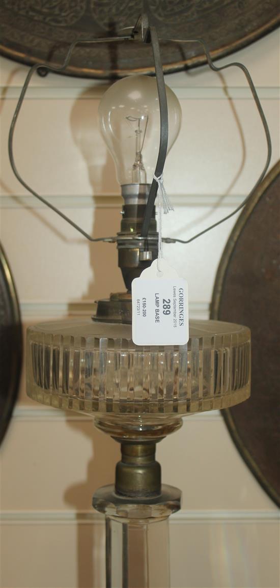 A tall Edwardian cut and frosted glass oil lamp base, 73.5cm to top of fittings